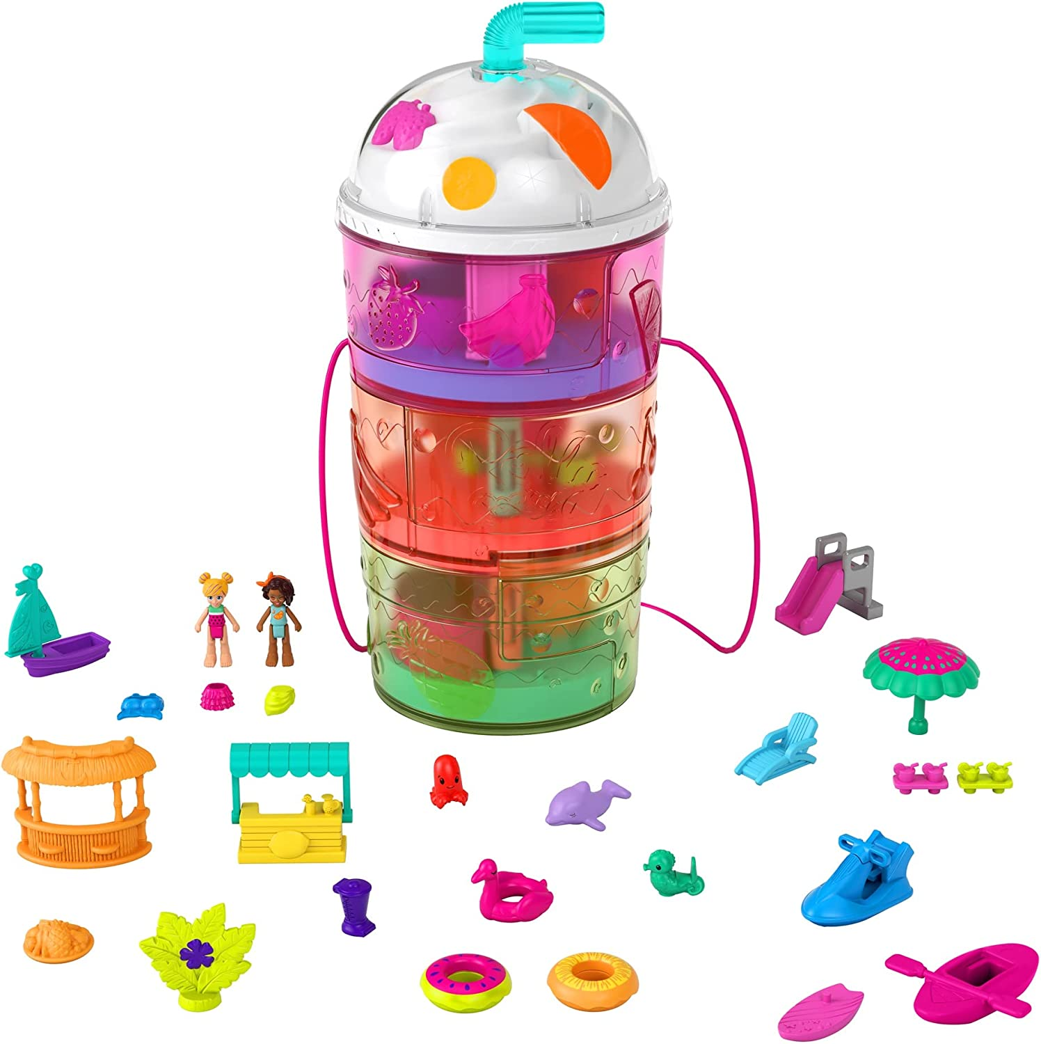 Polly Pocket- Playset Borsetta Twist Succo di Frutta a Tema Parco Acquatico, 3 Piani e 25 Accessori, Include Micro Bambola Polly e Lila, Giocattolo per Bambini 4+Anni, GYW08