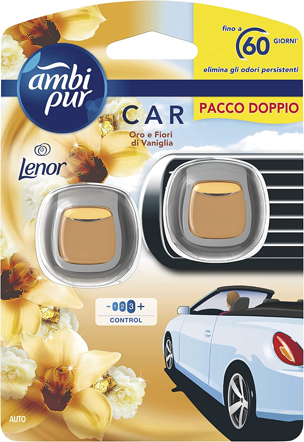 Ambi Pur Profumatore Auto, 2 Deodoranti Auto, Fragranza Oro e Fiori di Vaniglia, Elimina Odori, Facile da Agganciare, Fino a 30 Giorni di Profumo per Deodorante, Usa e Getta
