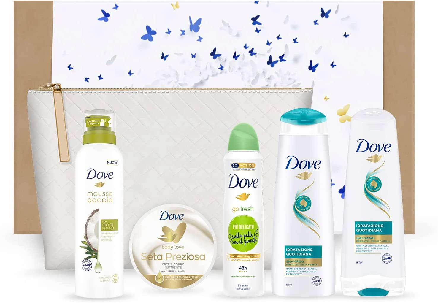Dove, Cofanetto Daily Routine, Contiene Shampoo e Balsamo Idratazione Quotidiana, Mousse Doccia all’Olio di Cocco, Crema Corpo Seta Preziosa, Antitraspirante Cetriolo e Tè Verde