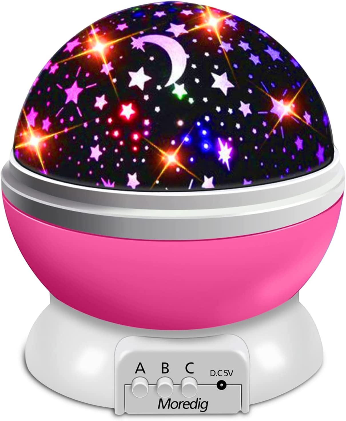 Moredig – Lampada Proiettore Stelle Bambini, Luce Notturna Bambini con 8 Colori Luci & 360°- Rosa