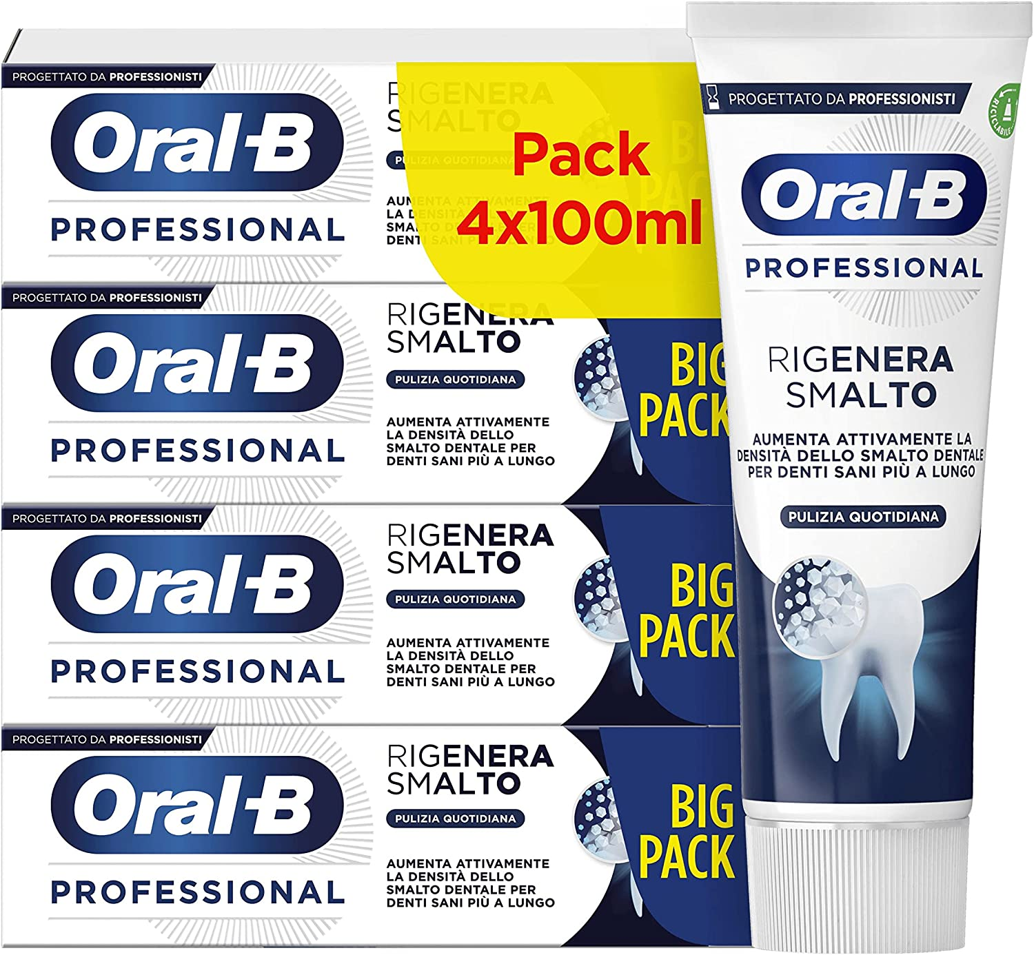 Oral-B Dentifricio Professional Densify, Rigenera Smalto, Pulizia Quotidiana, 4x100ml, 4 Dentifrici