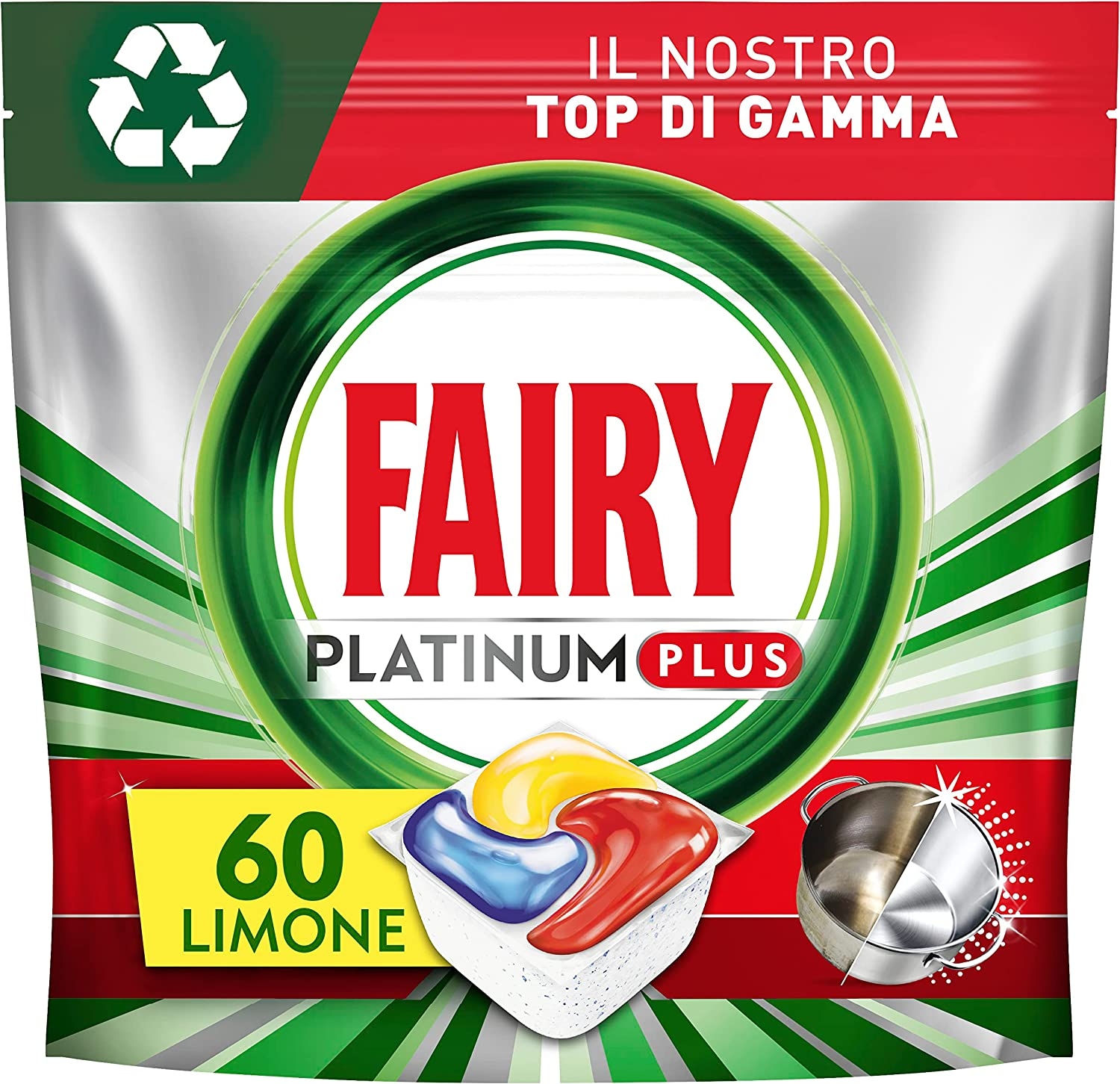 Fairy Platinum Detersivo Pastiglie Lavastoviglie Plus, Brillantante, 60 Capsule Lavastoviglie, Limone, Tecnologia Anti-Opaco Con Azione Brillantante, Contro Il Grasso E Le Incrostazioni Ostinate