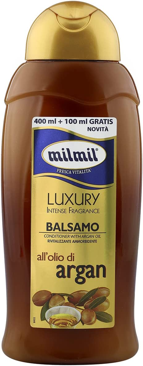 Milmil Luxury Intense Fragrance, Balsamo Rivitalizzante e Ammorbidente all’Olio di Argan – 500 ML (400ML + 100 ML Gratis)