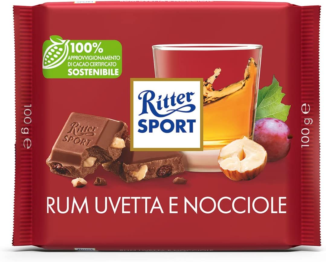 RITTER SPORT Rum Uvetta Nocciole, Tavoletta di Cioccolato Al Latte Con Uvetta Al Rum e Granella di Nocciole, Cacao 100% Certificato Sostenibile, 100 g