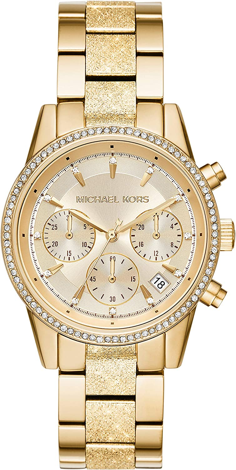 Michael Kors Ritz Orologio da Donna, Misura Cassa 37 mm, Movimento Cronografo al Quarzo, Cinturino in Acciaio Inossidabile – MK6597