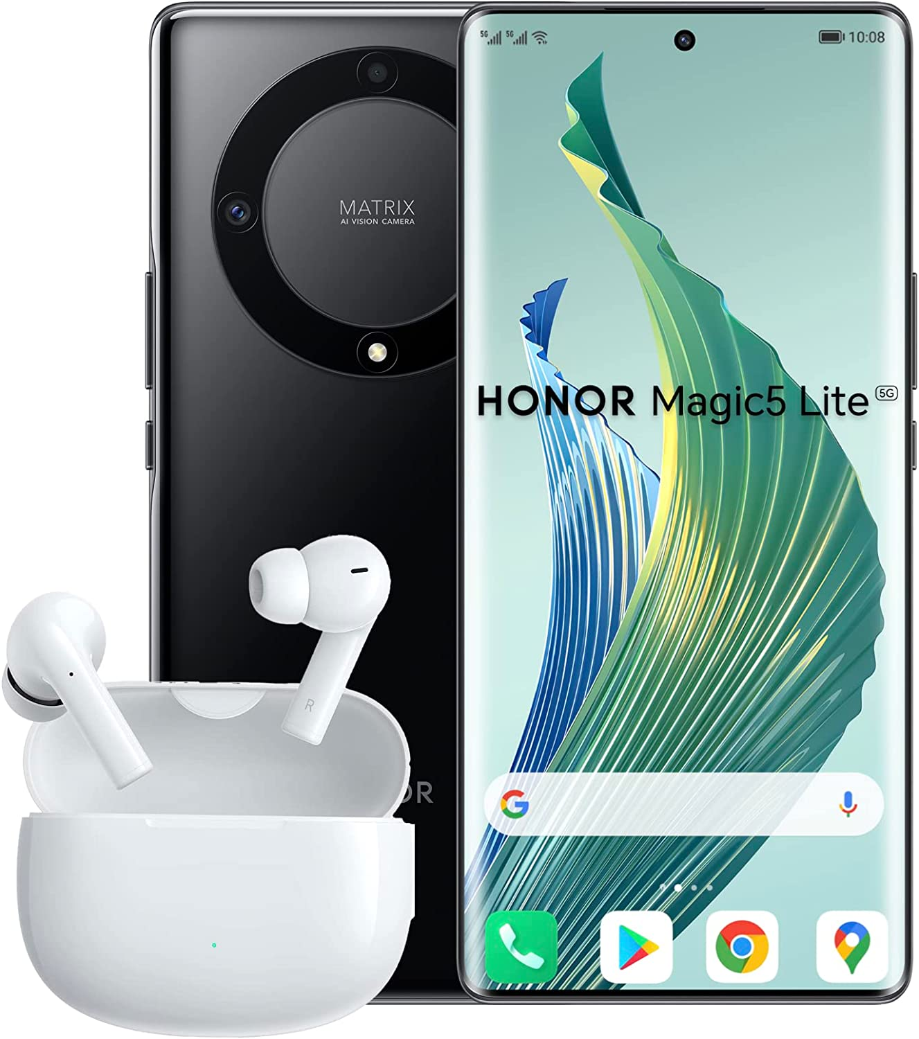 Honor Magic5 Lite 5G Smartphone 6 GB 128 GB 6,74 (17,1 cm), 120Hz, display curvo AMOLED, tripla fotocamera 64MP, batteria 5100 mAh, caricabatterie da 40 W, Android 12, Google Play Service, NFC, Nero
