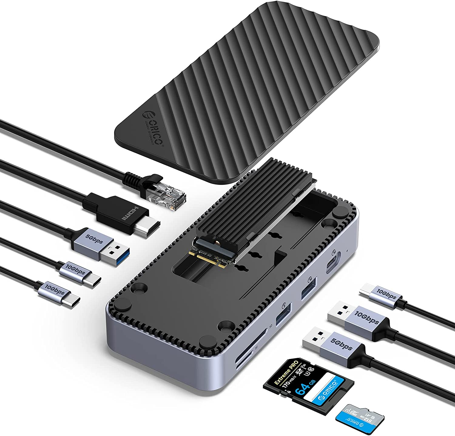 ORICO Docking Station USB-C 8 In 1 Con Alloggiamento SSD M.2 – HDMI 4K@60Hz, PD 100W, USB 10 Gbps, Lettore SD/TF, Audio